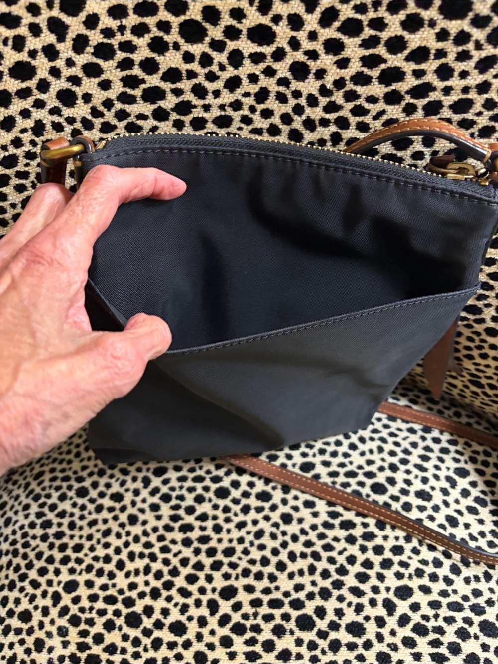 Frye Black Crossbody with Brown Leather Trim and Gold Hardware - Picture 3 of 7